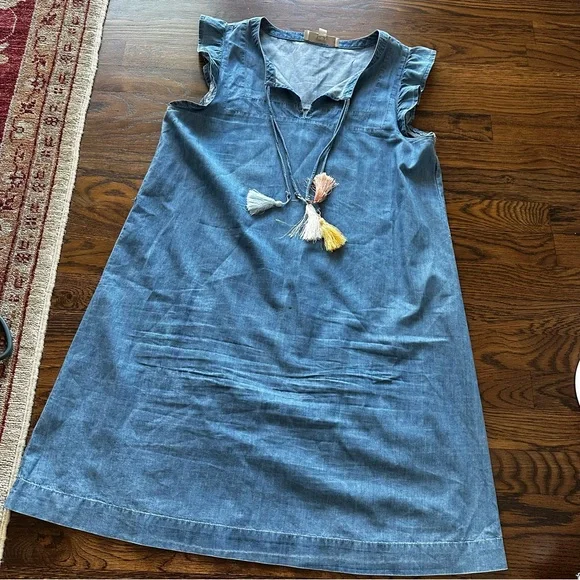 LOFT Blue Denim Chambray Mini Summer Shift Dress with ruffle sleeves & tassels - Picture 1 of 16
